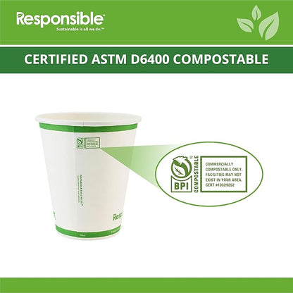 Responsible Products 10 oz Paper Hot Cups, Tree-Less™ Compostable Paper Coffee Cups, Extra Strength, Tree-Free and Made Without PFAS, White (1000 Count)
