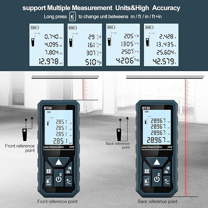 HANMATEK Laser Distance Meter 165ft, DT50 50m Laser Measure with Portable Handle Digital Measure Tool Range Finder 4-Line Backlit Large LCD Display IP54 Shockproof