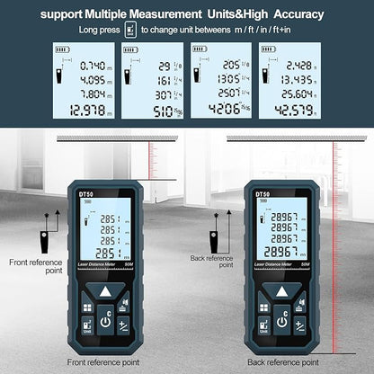 HANMATEK Laser Distance Meter 165ft, DT50 50m Laser Measure with Portable Handle Digital Measure Tool Range Finder 4-Line Backlit Large LCD Display IP54 Shockproof