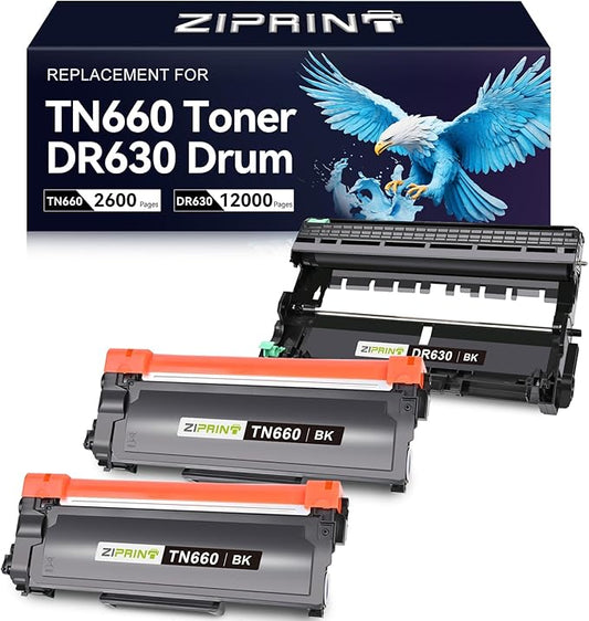 ZIPRINT TN660 Toner Cartridge and DR630 Drum Unit Compatible for Brother HL-L2300D HL-L2320D HL-L2360DW HL-L2380DW DCP-L2540DW DCP-L2520DW MFC-L2700DW MFC-L2740DW (2 Toners, 1 Drum Unit, 3 Pack)