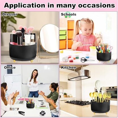 Desk Organizers and Accessories Set with 360-Degree Rotating Pen Holder, Tape Dispenser, Stapler, Staple Remover, 1000 Staples, Tape, Clips Set, Ruler, Scissor, Pen (Black, 10 Pcs Set)