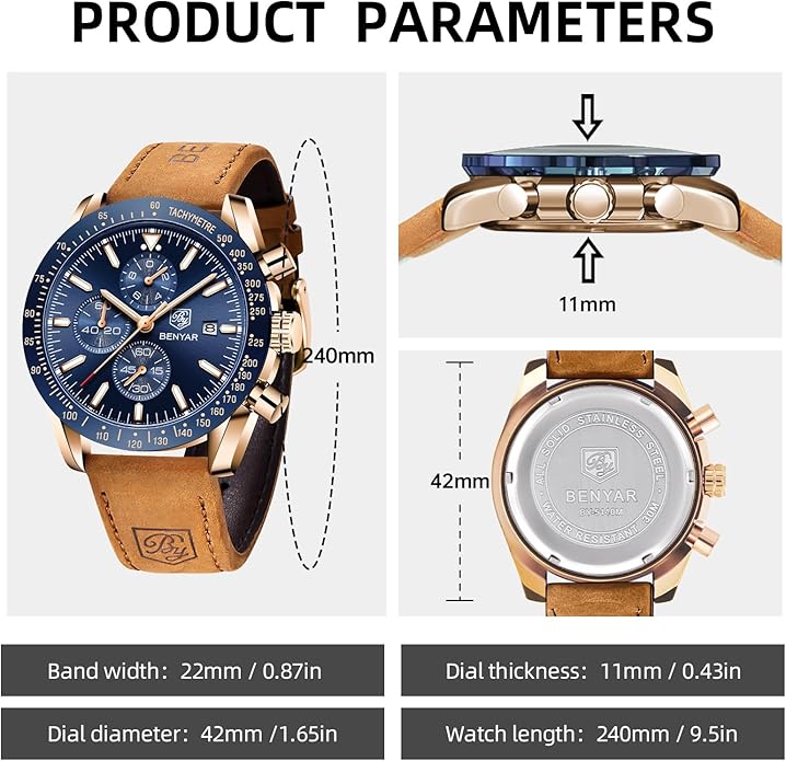 BY BENYAR Watch for Men Analog Quartz Chronograph Waterproof Luminous Designer Mens Wrist Watches Business Work Sport Casual Dress Watch with Silicone Strap Elegant Gifts for Men
