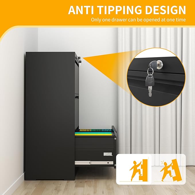 File Cabinet with Lock, 3 Drawer Lateral Filing Cabinet for Home Office, Black Metal Heavy Duty File Cabinets for Hanging Letter/Legal/F4/A4 Size Files, Assembly Required