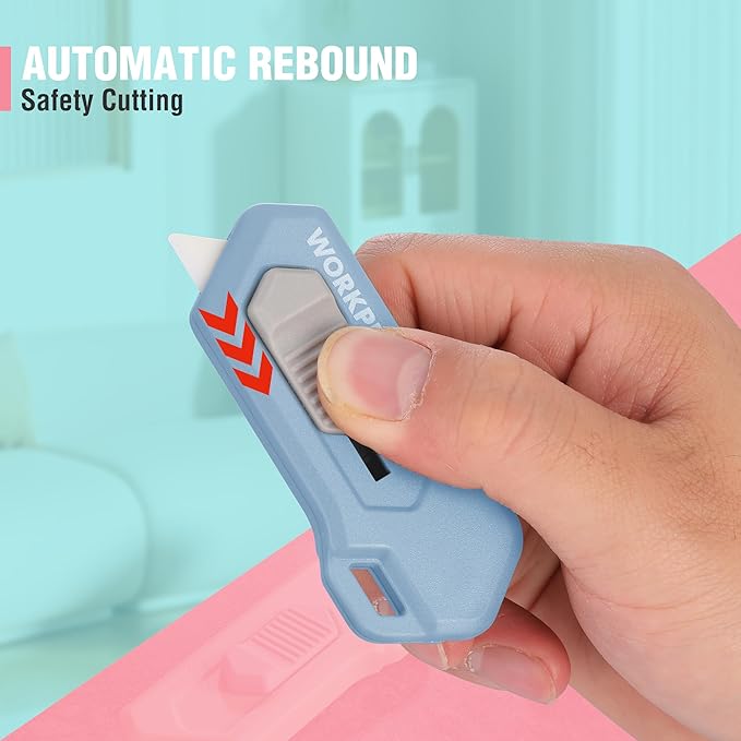 WORKPRO 8PCS Ceramic Small Safety Box Cutter, Automatic Rebound Mini Letter Opener, Quick Change Retractable Blade Razor Knife, with Extra Blades