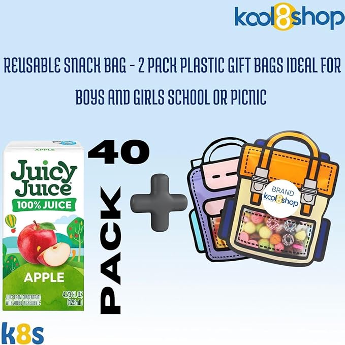 Juicy Juice Apple 100% Juice No Sugar Added On The Go Box 4.23 fl oz 40 Pack + 2 Reusable Snack Bags by KOOL8SHOP Infinite Deals