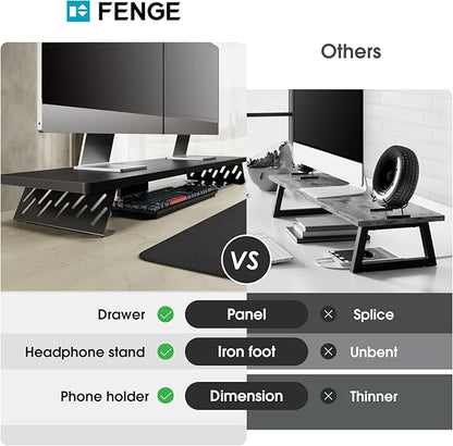 Fenge Dual Monitor Stand Riser, 42.5 Inch Desk Top Shelf for 2 Monitors, Computer Stands for Desk, Wood & Steel Desktop Riser for Laptop, PC, Printer