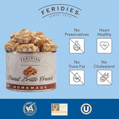 FERIDIES Unique Candy Nut Tins Homemade Peanut Brittle Crunch, Top Grade Virginia Peanuts, No Preservatives, 18oz Vacuum Sealed 1.12 Pound (Pack of 2) Peanut Brittle