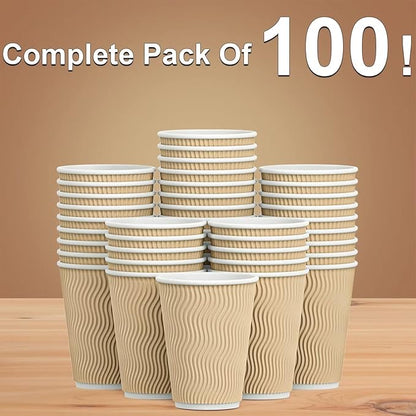 Hot Paper Cups_12 oz Disposable Insulated Corrugated Sleeve Ripple Wall Paper Cup 100 pcs,12oz Cups for Drink，Hot Coffee Cups (Brown)