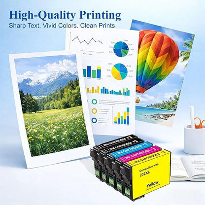 Remanufactured for Epson 232XL Ink Cartridges Combo Pack for Epson 232XL 232 Ink Work with XP-4200 XP-4205 Workforce WF-2930 WF-2950 Printer (5 Pack, 2 Black 1 Cyan 1 Magenta 1 Yellow)