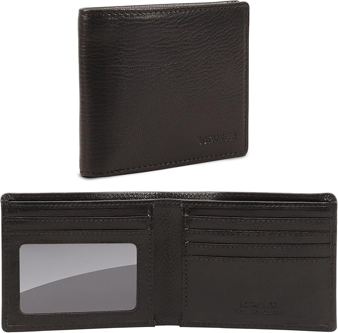 Genuine Leather Mens Bifold Wallet RFID Blocking 5 Credit Card Slots 1 ID Window 2 Sections for Bills 2 Additional Slots | Ink Black