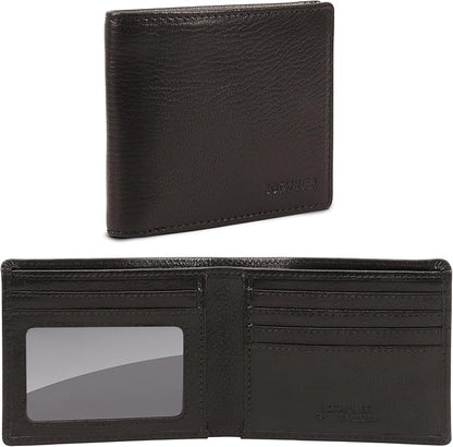 Genuine Leather Mens Bifold Wallet RFID Blocking 5 Credit Card Slots 1 ID Window 2 Sections for Bills 2 Additional Slots | Ink Black