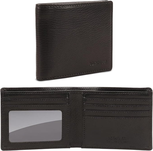 Genuine Leather Mens Bifold Wallet RFID Blocking 5 Credit Card Slots 1 ID Window 2 Sections for Bills 2 Additional Slots | Ink Black