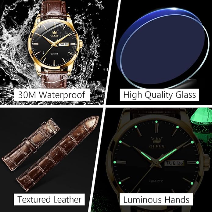OLEVS Men's Simple Watch with Day and Date, Stainless Steel Analog Quartz Watches for Men, Classic Luminous Hands Men's Dress Watches, Black/White/Blue Dial