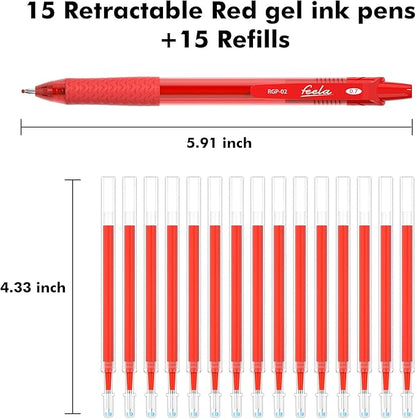 feela 30 Pack Retractable Red Ink Gel Pens Set Medium Point 15 Piece Fine Point Gel Pen with 15 Refills for Smooth Writing