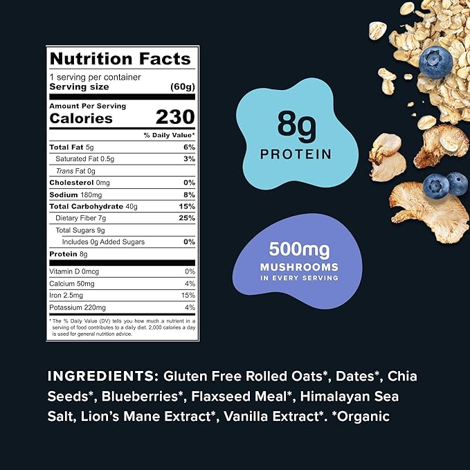 Mushroom Overnight Oats (6 Pack) Superfood Lions Mane Mushroom, Chia & Flax Seed - Organic Protein Oatmeal - High Fiber, Vegan, Gluten Free, Low Sugar - Easy Prep Plant Protein - Blueberry