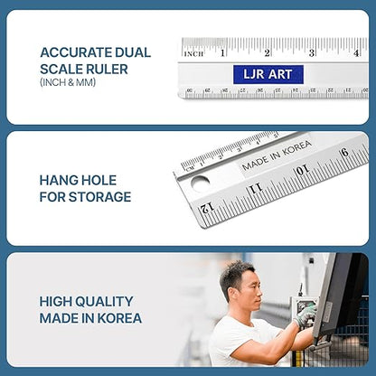 12 Inch Aluminum Cutting Ruler, Dual Scale Inch/Metric Measuring Tool with Precision Markings, Lightweight Straight Edge for Architects, Students, Engineers, and Designers