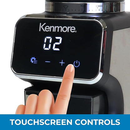 Kenmore Conical Burr Coffee Grinder - Electric Maquina de Moler Café for Espresso, French Press, Drip, Adjustable Grind Size, Bean Mill, Digital Control, Spice Grinding, Home Use