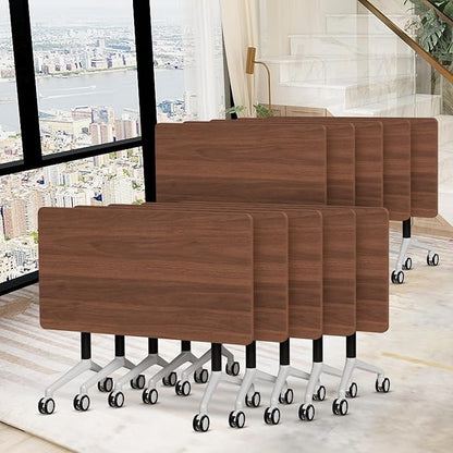 Conference Room Table, 55 Inch Folding Conference Tables with Wheels, Modern Office Meeting Table, Easy Flip & Nest Design, Rectangular Seminar Tables with Metal Frame for 2-24 People(B 10PCS)