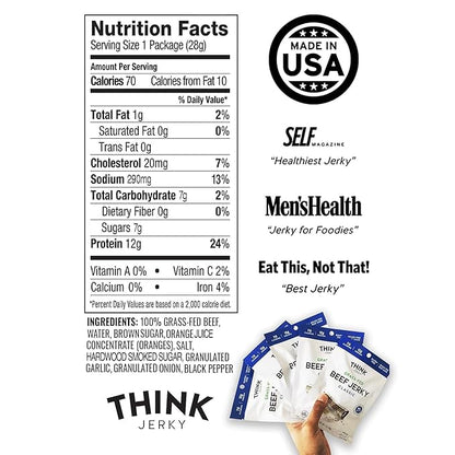 Think Jerky Classic Beef Jerky, Grass-Fed High Protein Beef, Gluten Free, No Antibiotics or Nitrates, Healthy Chef Crafted Recipe, Low Calorie and Low Fat - 1.0 oz Bags, 12 Pack