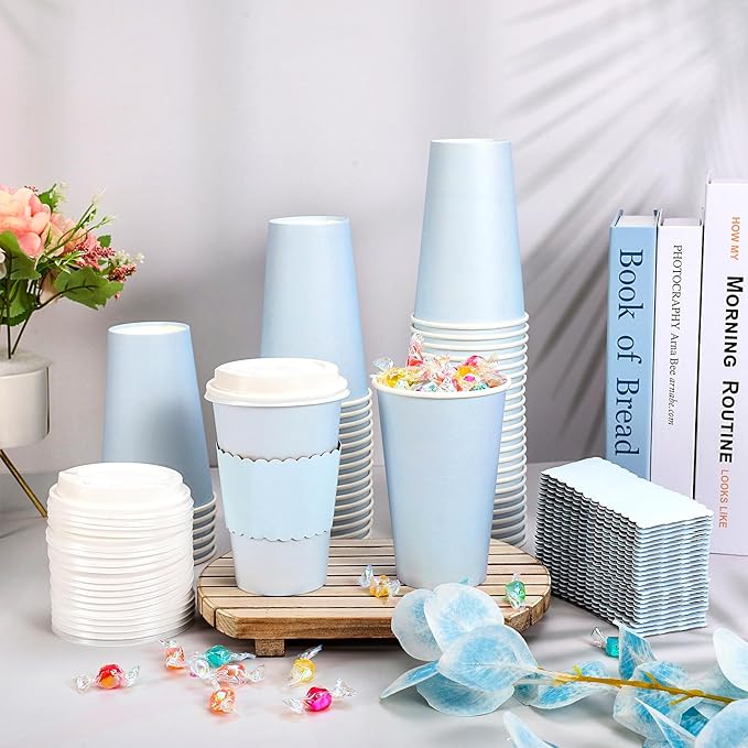 Whaline 100 Pcs Light Blue Disposable Coffee Cups with Lids and Sleeves 16 Oz Insulated To Go Paper Cups for Winter Home Restaurant Travel Wedding Birthday Baby Shower Party Supplies