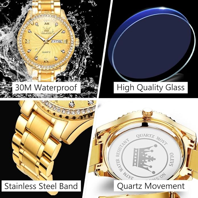 Men's Casual Stainless Steel Watch, Big Face Easy to Read Analog Quartz Watch with Day and Date, Classic Waterproof Diamond Roman Arabic Numerals Dial Dress Watch for Men, Gold Silver Black Band