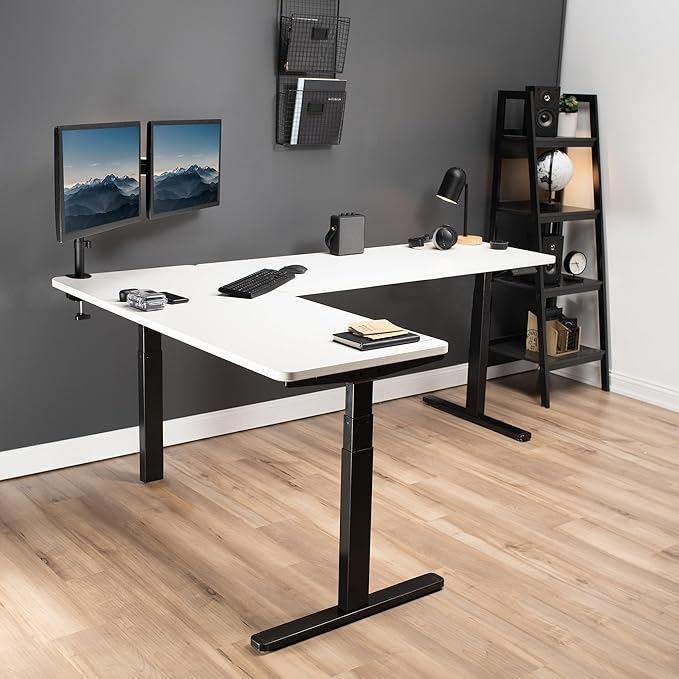 VIVO Electric Height Adjustable 83 x 60 inch Corner Stand Up Desk, 2 White Solid Table Tops, Black Frame, Memory Controller, L-Shaped Workstation, 3E Series, DESK-KIT-3E8BW
