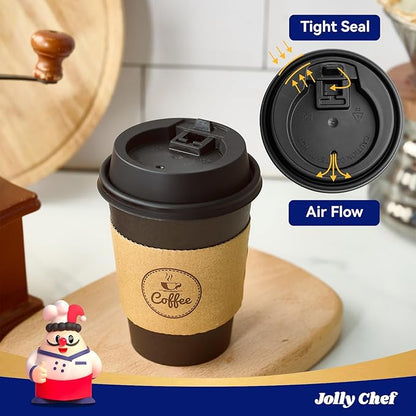 JOLLY CHEF 100 Pack 12 oz Coffee Cups with Lids, Sleeves and Stirrers, Disposable Black Hot Paper Coffee Cups for all Kinds of Beverages