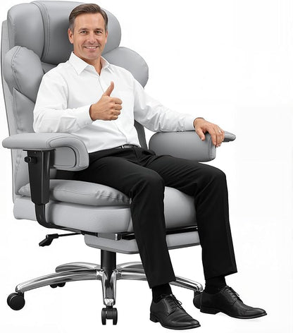 Ergonomic Office Chair with Foot Rest and Arms,Big and Tall Leather Executive Office Chair with Wide&Deep Seat Thickened,Reclining Comfy Desk Chair with High Back and Lumbar Support,Grey