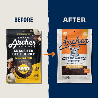 Country Archer Grass Fed Beef Jerky Mustard BBQ - Zero Sugar Beef Jerky, Sugar Free Beef Jerky Snack Pack, Mustard BBQ Beef Jerky Bulk, Individual Beef Jerky Pack, Gluten Free, Paleo- 2 oz (Pack of 6)
