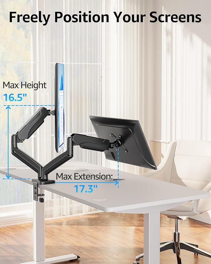 MOUNTUP Dual Monitor Stand for Desk, Gas Spring Monitor Arms for 2 Monitors 32 27 24 22 Inches, Height Adjustable Double Monitor Mount, VESA Mount with C-Clamp & Grommet Base, Holds 4.4-17.6lbs, Black