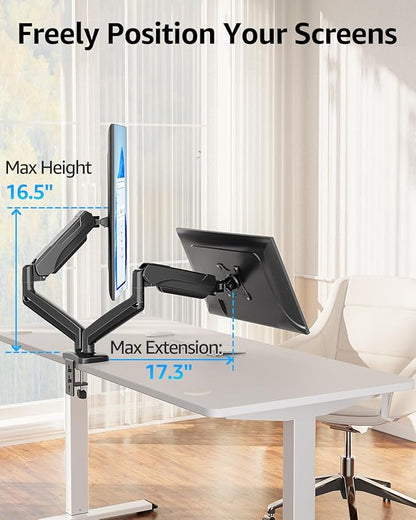 MOUNTUP Dual Monitor Stand for Desk, Gas Spring Monitor Arms for 2 Monitors 32 27 24 22 Inches, Height Adjustable Double Monitor Mount, VESA Mount with C-Clamp & Grommet Base, Holds 4.4-17.6lbs, Black