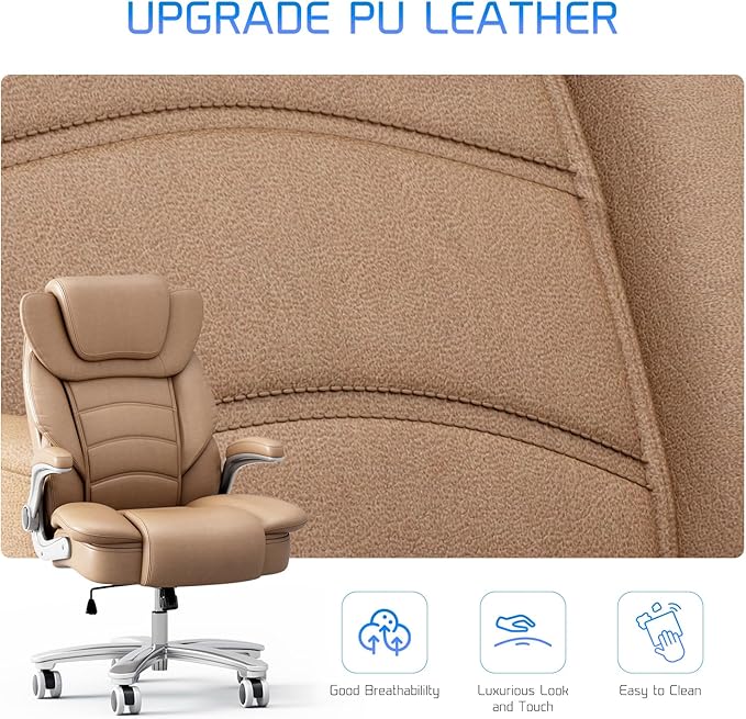 GYI Big and Tall Office Chair 400lb Wide Seat, Ergonomic High Back Leather Executive Desk Chair with Flip-up Arms, Brown