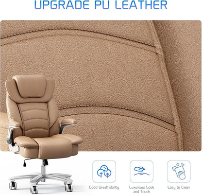 GYI Big and Tall Office Chair 400lb Wide Seat, Ergonomic High Back Leather Executive Desk Chair with Flip-up Arms, Brown
