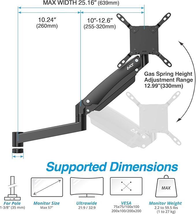 AVLT Single 57 Inch Add-On Monitor Arm Top Mount-Black for Dual & Triple Arm Setup, Fits 1.38" Pole, Super Ultrawide Screen, Supports 59.5lbs (27kg), VESA Compatible, Workspace Upgrade Expansion Arm