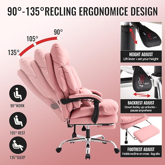 Pink Office Chair with Footrest 500lbs,Reclining Leather Computer Chair for Heavy People, Big and Tall Comfy Executive Desk Chair with Lumbar Support & Pillow,High Back