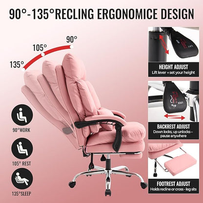 Pink Office Chair with Footrest 500lbs,Reclining Leather Computer Chair for Heavy People, Big and Tall Comfy Executive Desk Chair with Lumbar Support & Pillow,High Back