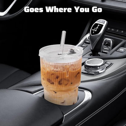 GOSCHE 20oz Glass Cups with Lids and Straws, Reusable Iced Coffee Cups, Thickened Glass Tumbler Set Ideal for Juices, Smoothies, Cocktails, and Beverage, Clear, 6 Pack