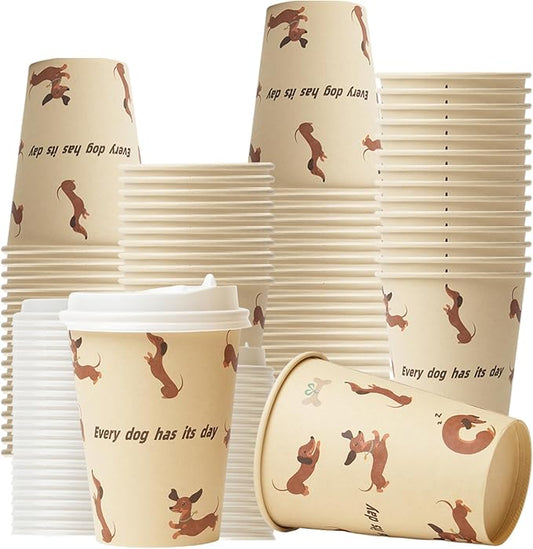 12 oz 25 Pack Disposable Paper Coffee Cups with Lids, Disposable Paper Cups for Cold/Hot Drinks, Leak-Proof To Go Drinking Cups for Office Party Home Picnic & Travel (Doggy Style)