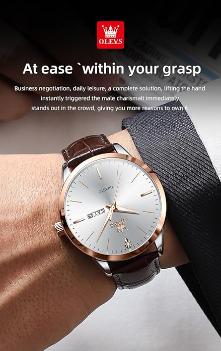 OLEVS Mens Watches Vintage Leather Band Dress Classic Easy Reader Arabic Numerals Analog Quartz Waterproof Date and Day Blue/Black/White Large Face Men's Wrist Watches