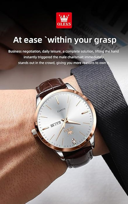 OLEVS Mens Watches Vintage Leather Band Dress Classic Easy Reader Arabic Numerals Analog Quartz Waterproof Date and Day Blue/Black/White Large Face Men's Wrist Watches