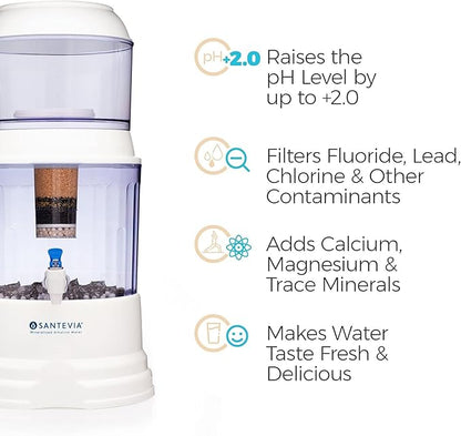 Santevia Gravity Water System Filter | at Home Water Filter That Makes Water Alkaline and Adds Minerals | Chlorine and Fluoride Filter (Countertop Model)