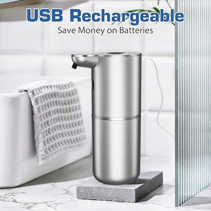 Automatic Foaming Soap Dispenser, LED Display Touchless Foam Hand Soap Dispenser for Bathroom Countertop, Kitchen, 6-Level Adjustable,380ML, Rechargeable (Silver)