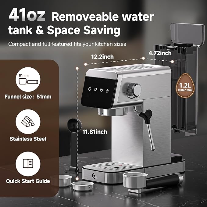 AMZCHEF Espresso Coffee Machine|Upgraded Water Tank |20 Bar Pressure System|LED Touch Screen|Compact Design Perfect for Home & Office