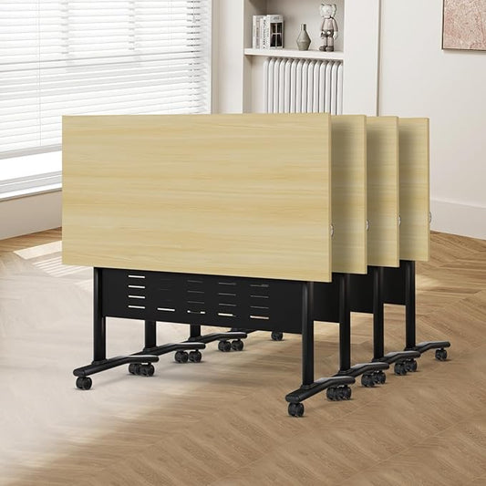 Conference Room Table, 55 Inch Folding Conference Tables with Wheels, Modern Office Meeting Table, Easy Flip & Nest Design, Rectangular Seminar Tables with Metal Frame for 2-24 People(F 4PCS)