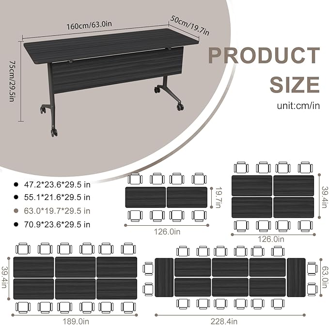 Folding Conference Table, Rectangular Conference Room Tables, Mobile Modular Training Table, Solid Steel Frame,Thickened Panel,for Offices,Meeting Room,Offices andSchools (4, Ebony, 63in)