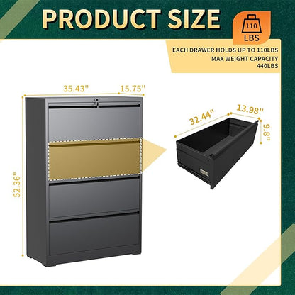 4 Drawer Lateral File Cabinet with Lock, Metal File Cabinets for Home Office, Steel Heavy-Duty Filing Storage Cabinet for Letters/Legal/A4 (Require Assembly, Black)