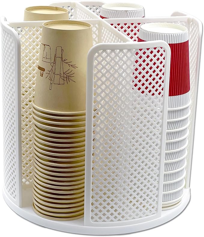 Cup and Lid Organizer Rotatable Coffee Cup Dispenser fit 5-16oz Cups Organizer, Paper Cup Storage Holder with 4 Compartment, Plastic Cup Rack for Countertop, Coffee Shop, Bar, Office White