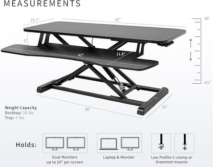 VIVO 42 inch Desk Converter, K Series, Height Adjustable Sit to Stand Riser, Dual Monitor and Laptop Workstation with Wide Keyboard Tray, Black Carbon Fiber Top, Black Frame, DESK-V042KR