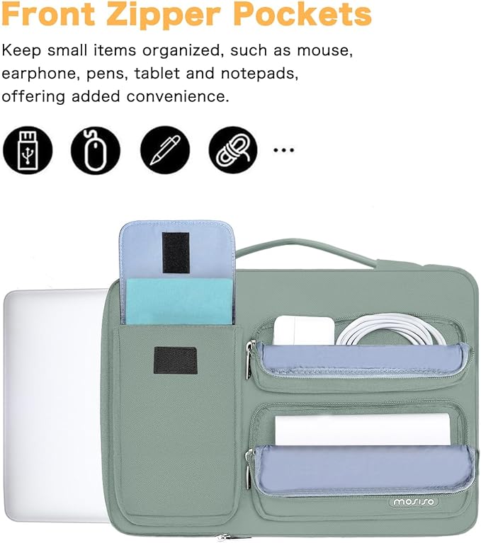 MOSISO 360 Protective Laptop Case 14 inch, Laptop Sleeve Compatible with HP Lenovo Dell ASUS Acer, HP Stream, Dell Latitude, Lenovo IdeaPad,Side Open Bag with 2 Raised&1 Flapover Pockets,Antique Green