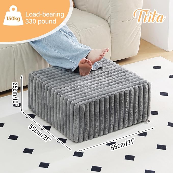 Tiita Suqre Stuffed Pouf Ottoman, Stripe Poufs 21×21×10 inch with Foam Chunk Filling, Floor Bean Bag Floor Chair Storage for Living Room Bedroom Home Decor, Grey